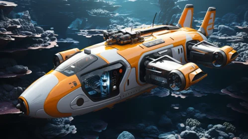 Spaceship in Space Near Coral Reef - Traincore Style Artwork