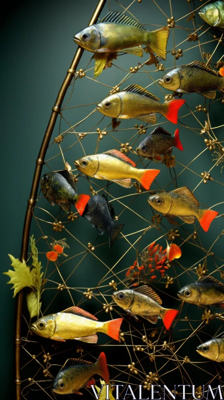 Surreal Wire Sculpture: Captivating Fish Composition in Dreamlike Landscape AI Image