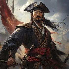 Asian Pirate with Swords on the Ship Background