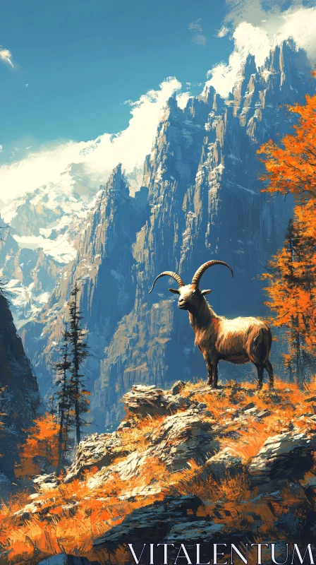 Goat on Rocky Outcrop with Mountain View AI Image