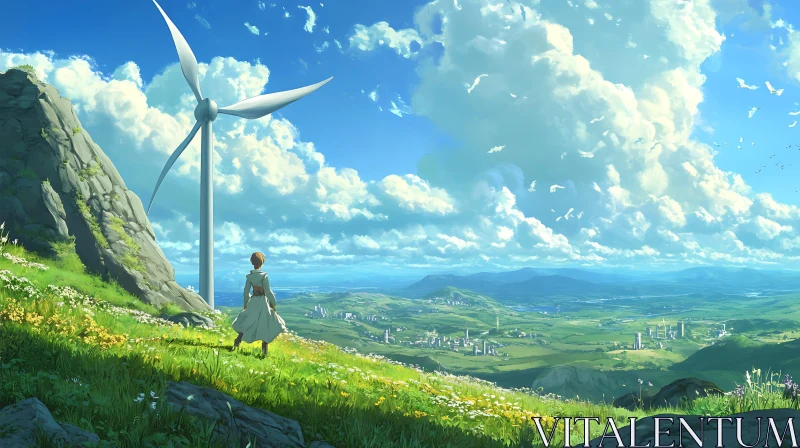 Woman on Hill Overlooking Green Valley AI Image