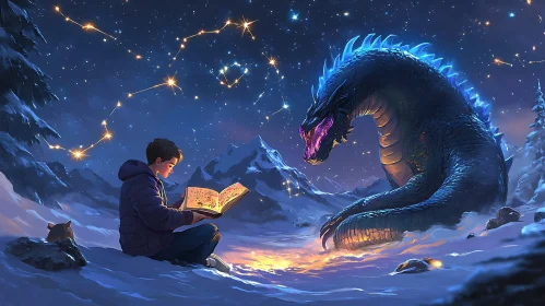 Fantasy Scene: Boy, Dragon and Starry Night