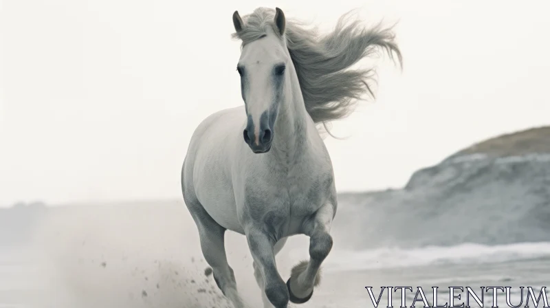 White Horse Running on Beach Free Stock Photo