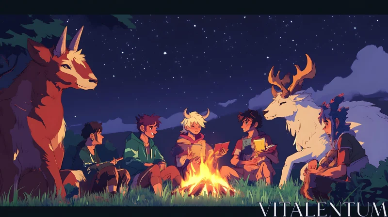 AI ART Friends Reading by Campfire with Magical Creatures