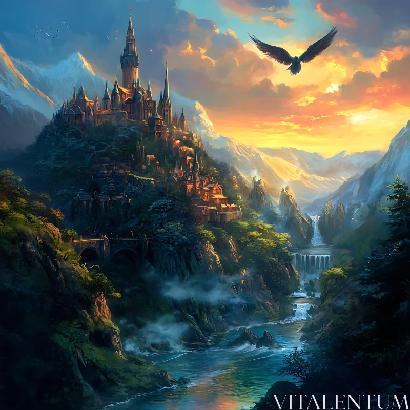 Mountain Castle and Eagle at Sunset AI Image