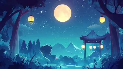 Serene Night Landscape with Moon and Lanterns