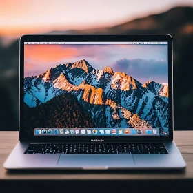 Laptop with Mountain Sunset Wallpaper