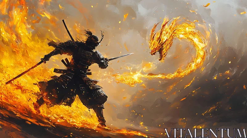 AI ART Fiery Dragon Confrontation with Sword Wielding Warrior