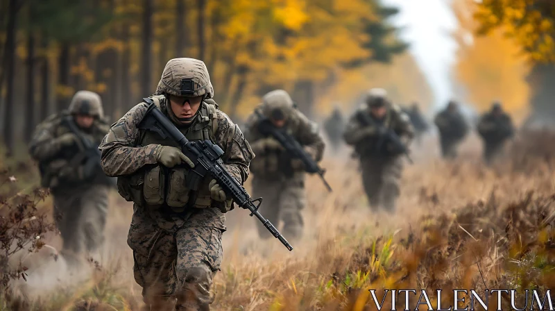 Army Soldiers Marching Through Field AI Image