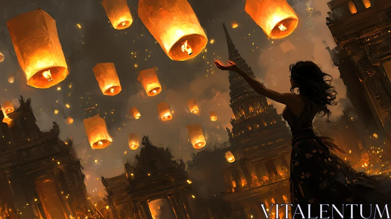 AI ART Floating Lanterns and Silhouette