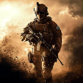 Soldier with Rifle in Smoky Environment