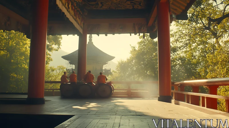 AI ART Monks Meditating on Drums at Dawn