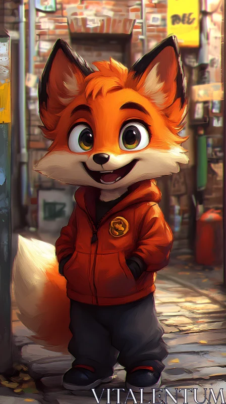 Cute Cartoon Fox in Alleyway AI Image