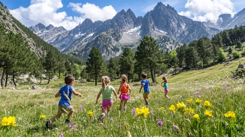 Children Playing in Scenic Mountain Field