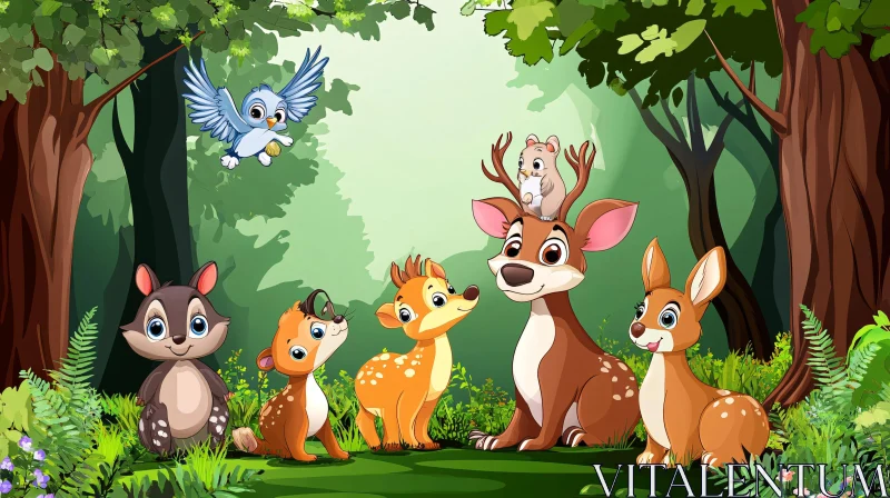 Cartoon Woodland Creatures in Lush Forest Setting AI Image