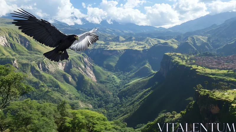 Bird Flying Over Green Mountains AI Image