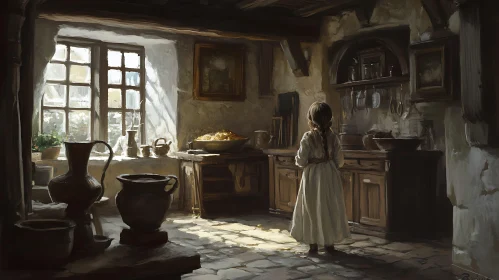 Girl in Rustic Kitchen Artwork