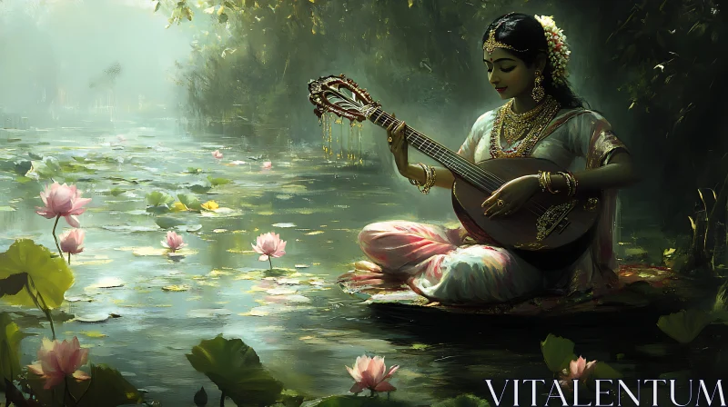 Woman with Lute by Lotus Lake AI Image