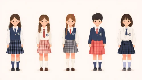 Diverse Cartoon Schoolgirls Lineup