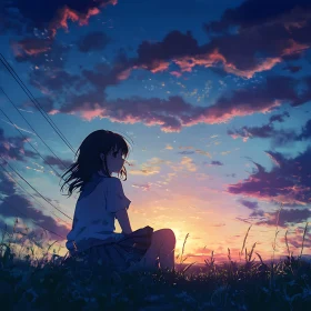 Contemplative Sunset View Anime Girl