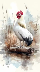 Watercolor Rooster on a Log