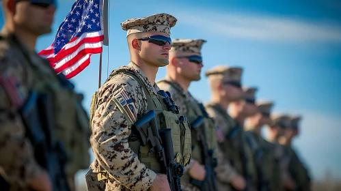 American Soldiers in Formation with Flag