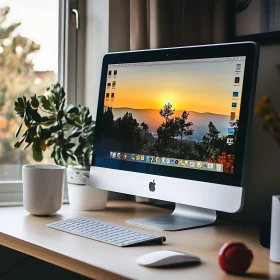 Serene Workspace Setup with Desktop and Sunset