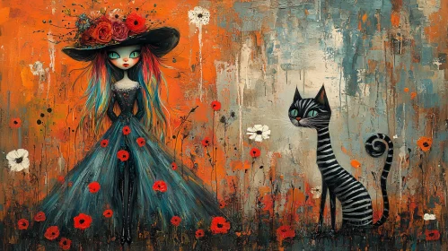 Whimsical Lady with Striped Companion