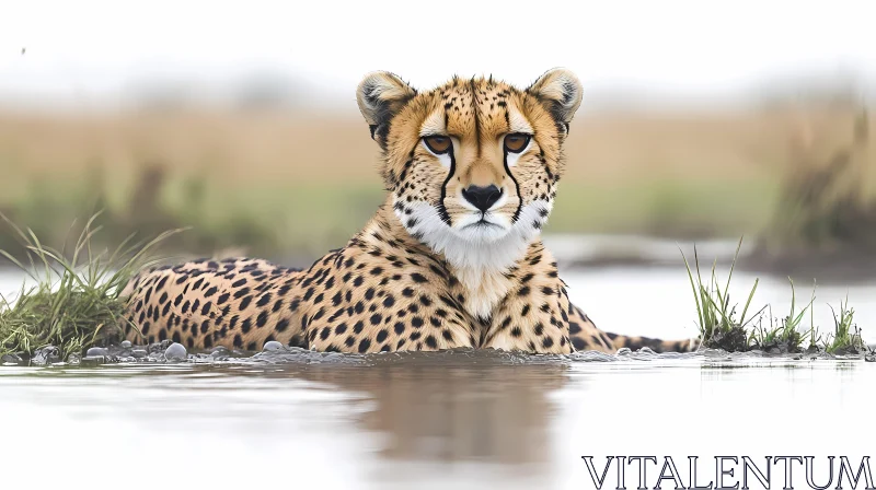 Cheetah in Tranquil Water Habitat AI Image