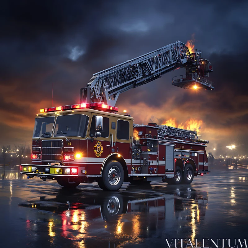 Firetruck Ladder in Action at Night AI Image