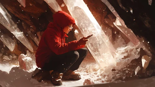 Person in Cave with Crystals