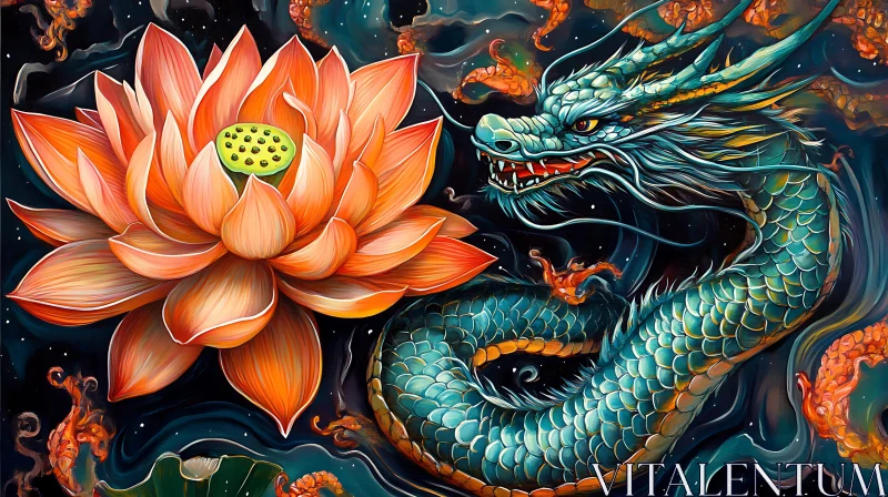 AI ART Serene Dragon with Blooming Lotus Blossom