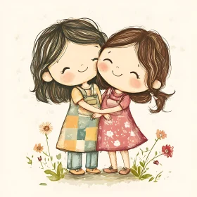 Heartwarming Cartoon Illustration of Two Young Friends