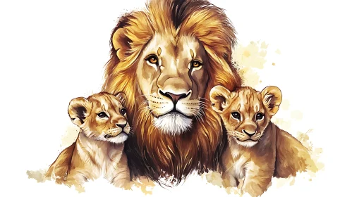 Watercolor Lion and Cubs