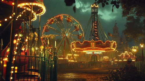 Illuminated Ferris Wheel and Carousel