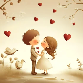 Romantic Cartoon Illustration with Hearts