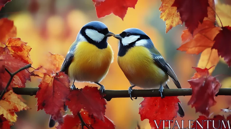 Two Birds on Branch with Autumnal Foliage AI Image