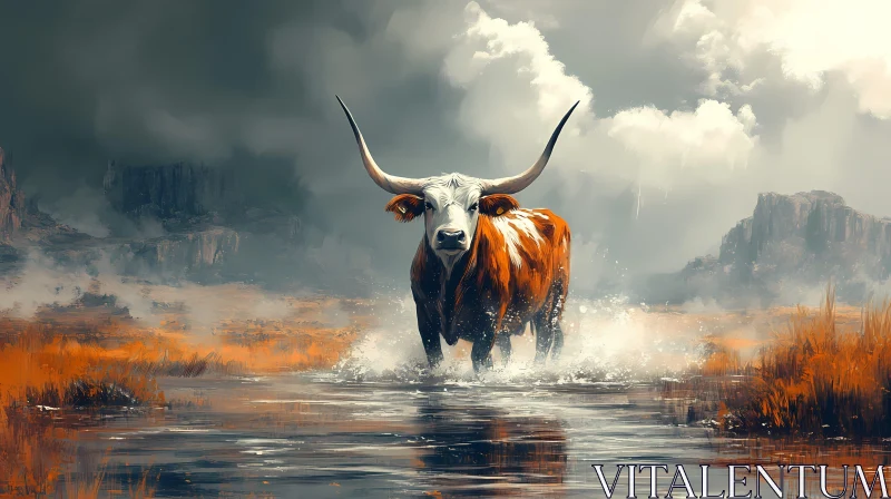 AI ART Bull Walking Through Water