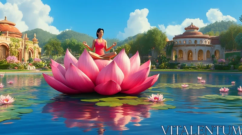 Zen Moment: Woman Meditating on Lotus Flower AI Image