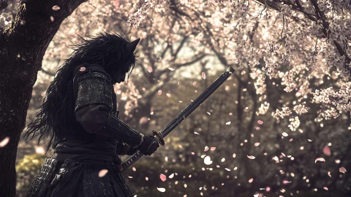 Lone Samurai with Sword under Sakura Tree