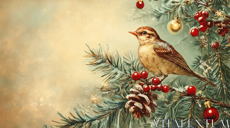 AI ART Winter Bird Christmas Pine Painting