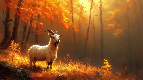 Goat in Sunlit Autumn Woods