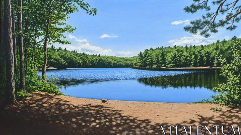 AI ART Serene Forested Lake with Sandy Shore