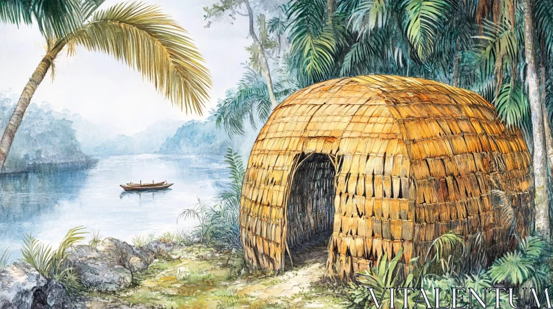 AI ART Thatched Hut River Watercolor Painting