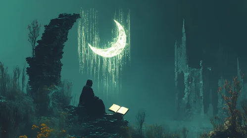 Moonlit Reading Silhouette in Ruins