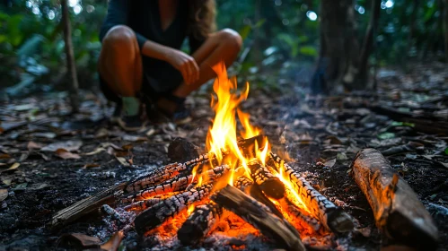 Forest Campfire Scene with Flames