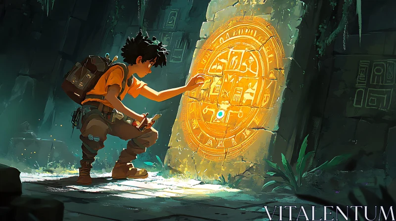 Young Explorer and Ancient Stone Carving AI Image