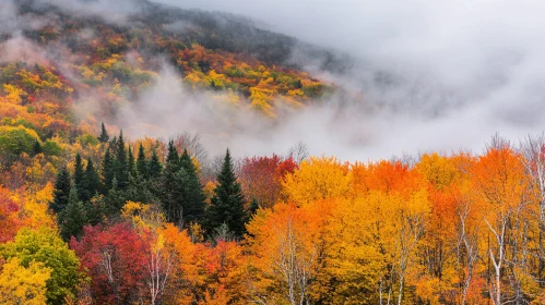 Misty Autumn Landscape with Vibrant Foliage