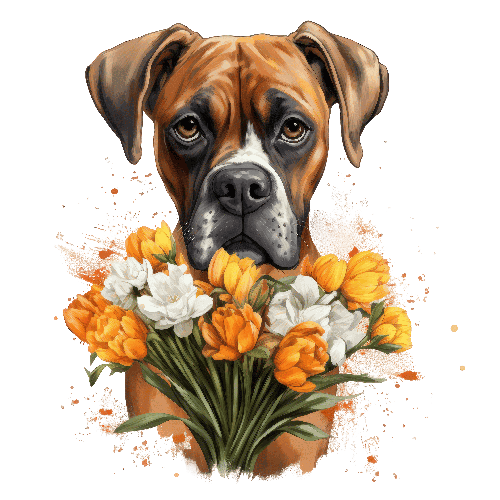 Boxer Dog with Flowers Digital Artwork