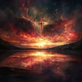 Tranquil Sunset and Cross Reflection